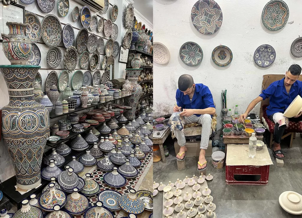 lanscape image of two portrait images side by side. Left is displaying a ceramics store with the walls and floor covered in painted ceramic plates and tagines. Right is 2 men sitting and painting ceramic tagines