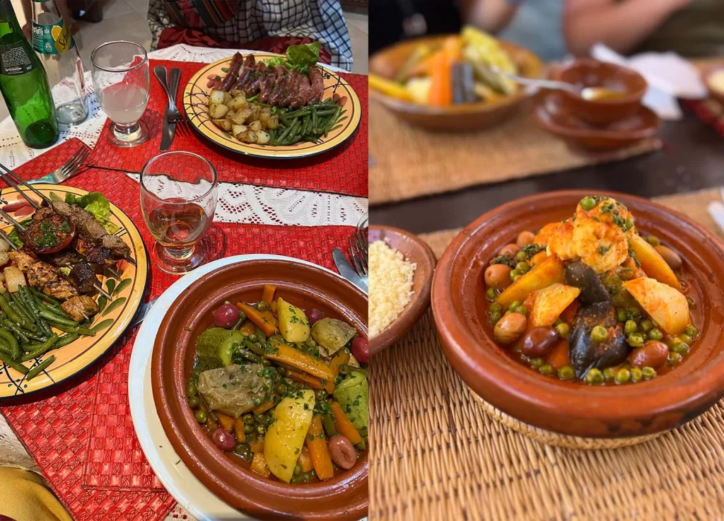 2 images of traditional moroccan cuisine including tagines and couscous